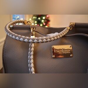 Bebe Tan Gold Designer Handbag Satchel Purse Large